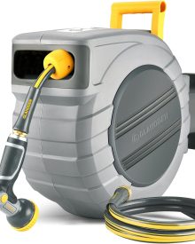 Retractable Garden Hose Reel 5/8 in x 100 ft Upgraded UV Resistant Heavy Duty Automatic Hose Reel Wall Mount 3/4 in Brass Fitting 9 Pattern Nozzle Any Length Lock Slow Retraction 180° Swivel