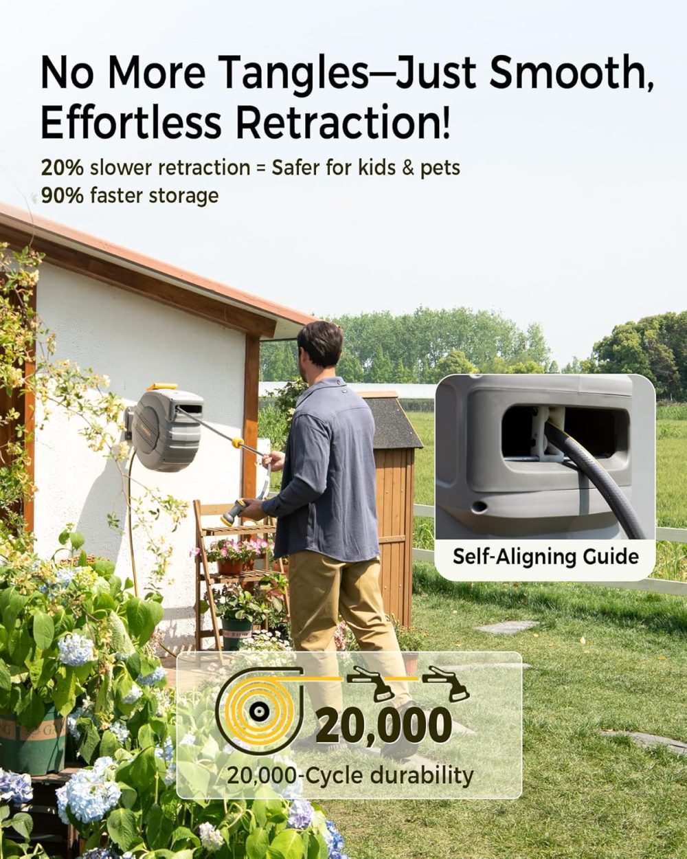Retractable Garden Hose Reel 5/8 in x 100 ft Upgraded UV Resistant Heavy Duty Automatic Hose Reel Wall Mount 3/4 in Brass Fitting 9 Pattern Nozzle Any Length Lock Slow Retraction 180° Swivel - Image 5